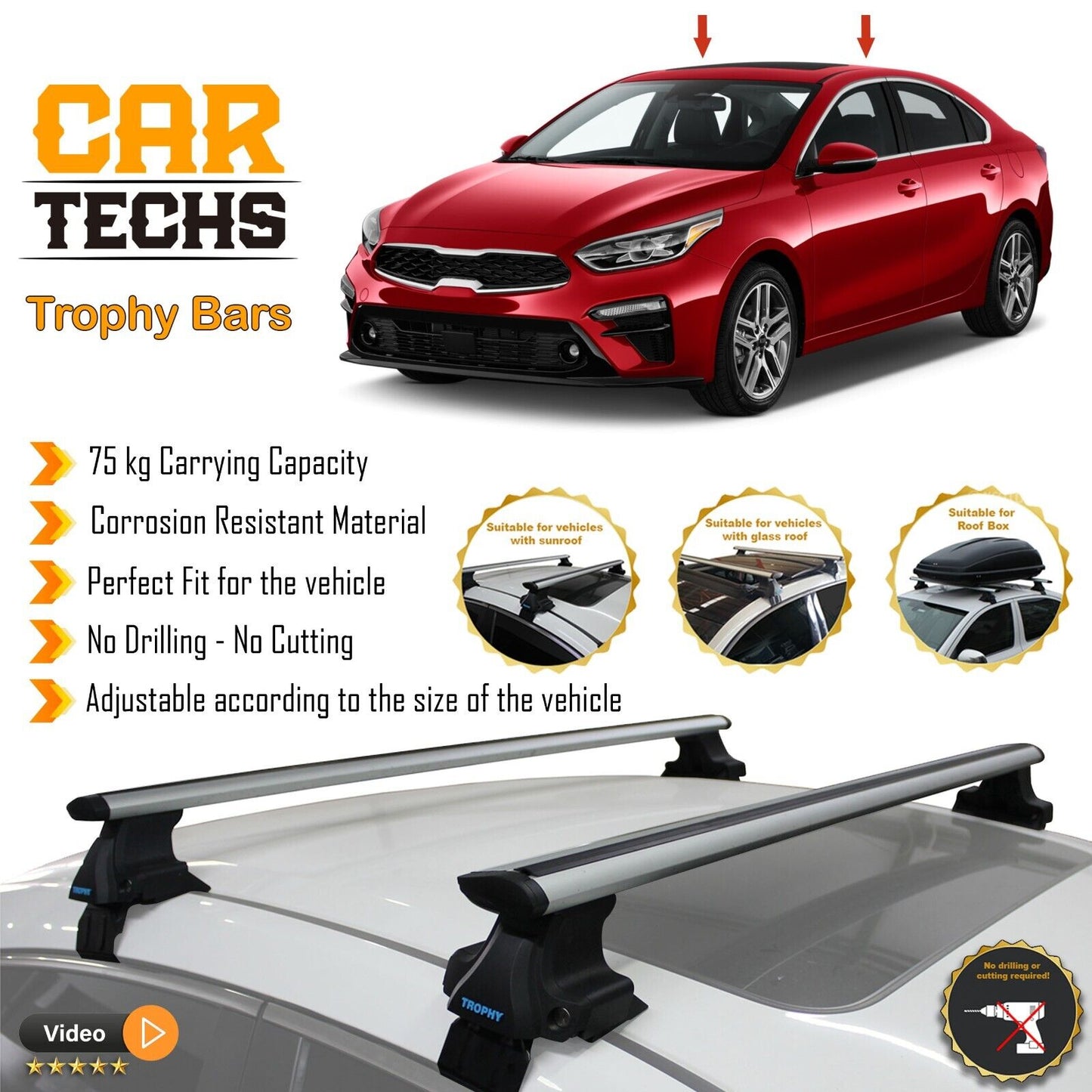 Fits Kia Forte 2010-2023 Smooth Top Roof Rack Cross Bar Carrier Rail