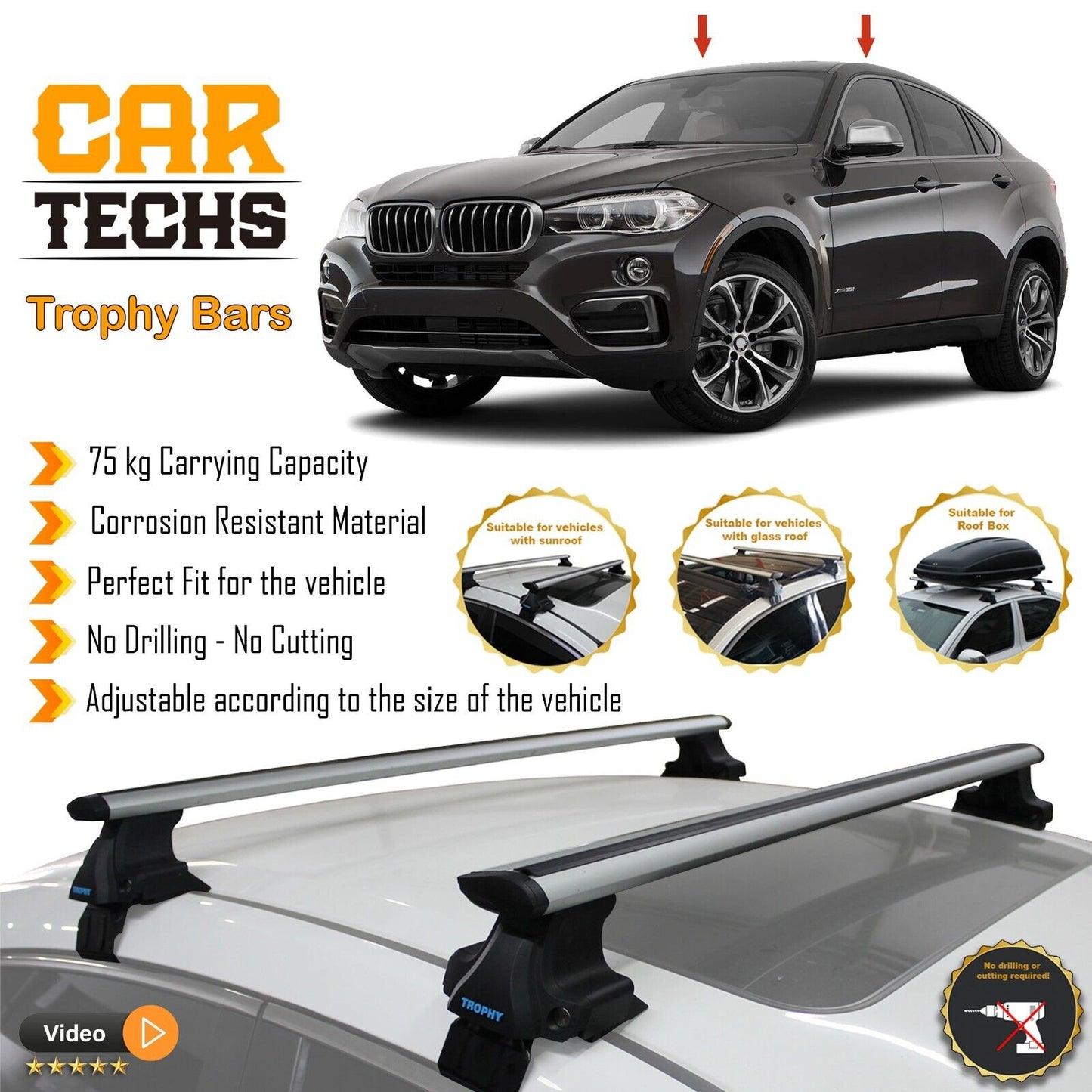 Fits BMW X6 2008-2024 Smooth Top Roof Rack Cross Bar Carrier Rail Trophybars