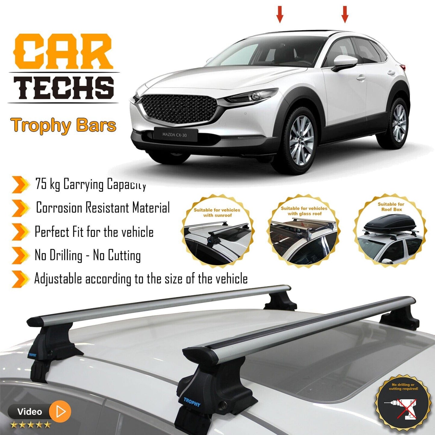 Fits Mazda CX-30 2020-2024 Smooth Top Roof Rack Cross Bar Carrier Rail