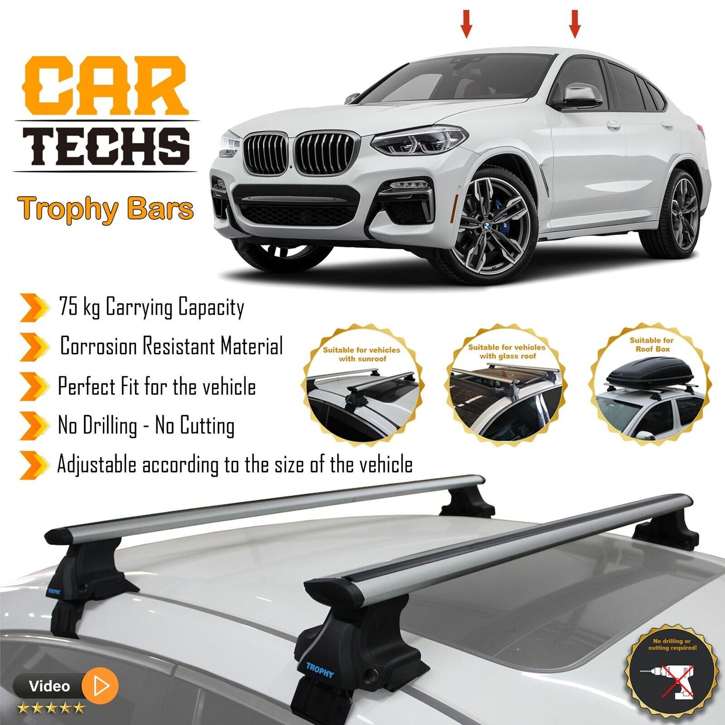 Fits BMW X4 2015-2024 Smooth Top Roof Rack Cross Bar Carrier Rail Trophybars