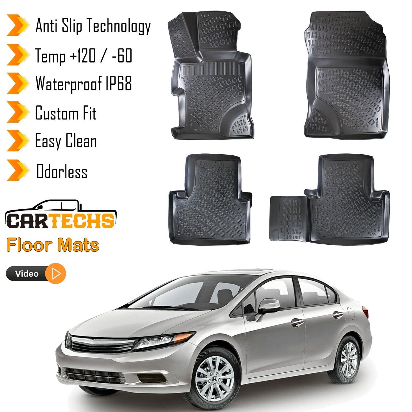 Floor Mats Liner Fits Honda Civic Sedan 2012-2015 Waterproof 3D Molded Black 4x