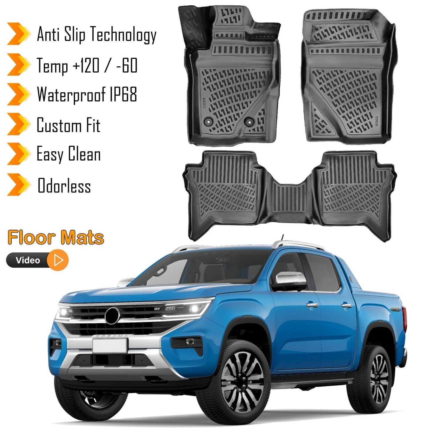 Floor Mats Liner Fits Volkswagen Amarok 2023-2024 All Weathers 3D Molded Black