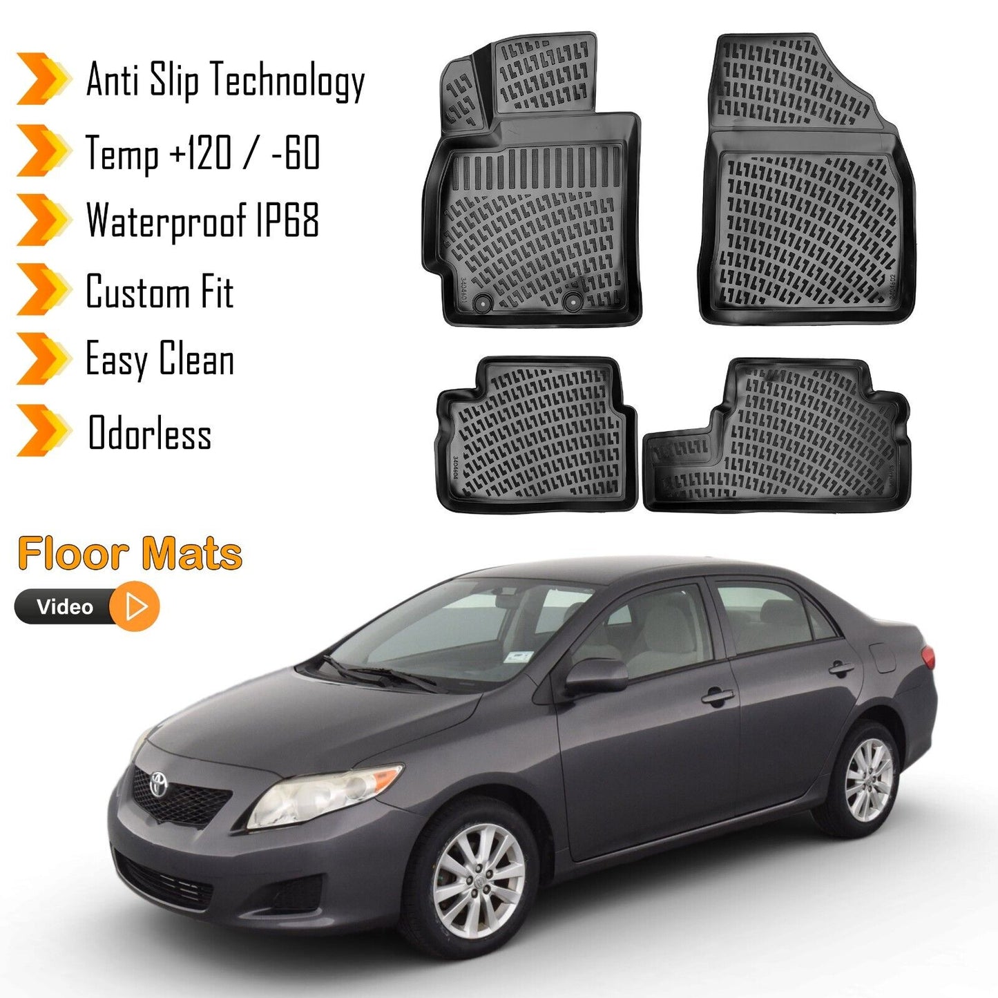Floor Mats Liner Fits Toyota Corolla 2006-2012 Waterproof 3D Molded Black 4 Pcs