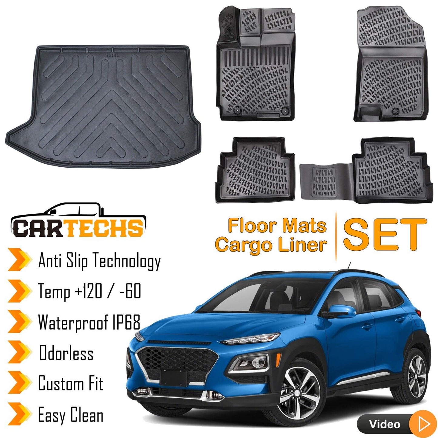Floor Mats + Cargo Trunk Liner Fits Hyundai Kona Electric 2018-2024 3D Black SET