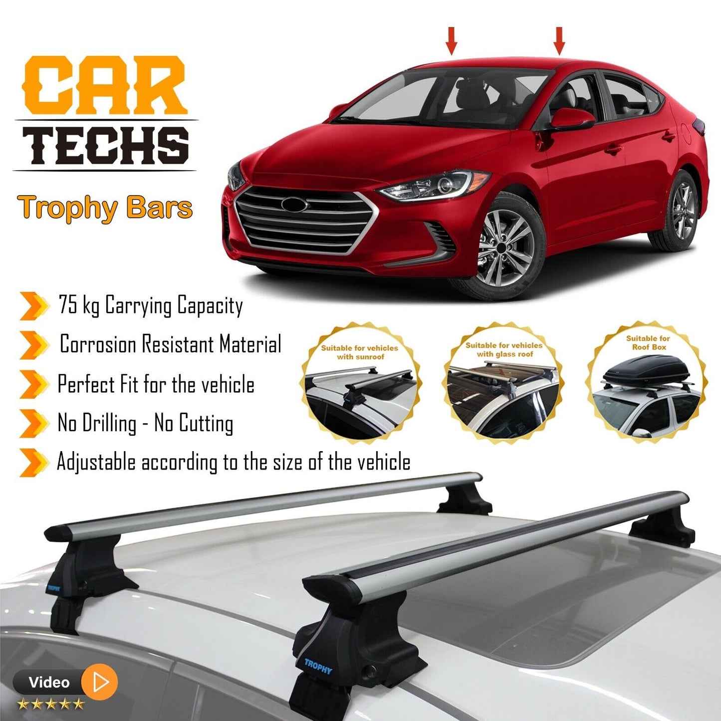 Fits Hyundai Elantra 2000-2023 Smooth Top Roof Rack Cross Bar Carrier Rail