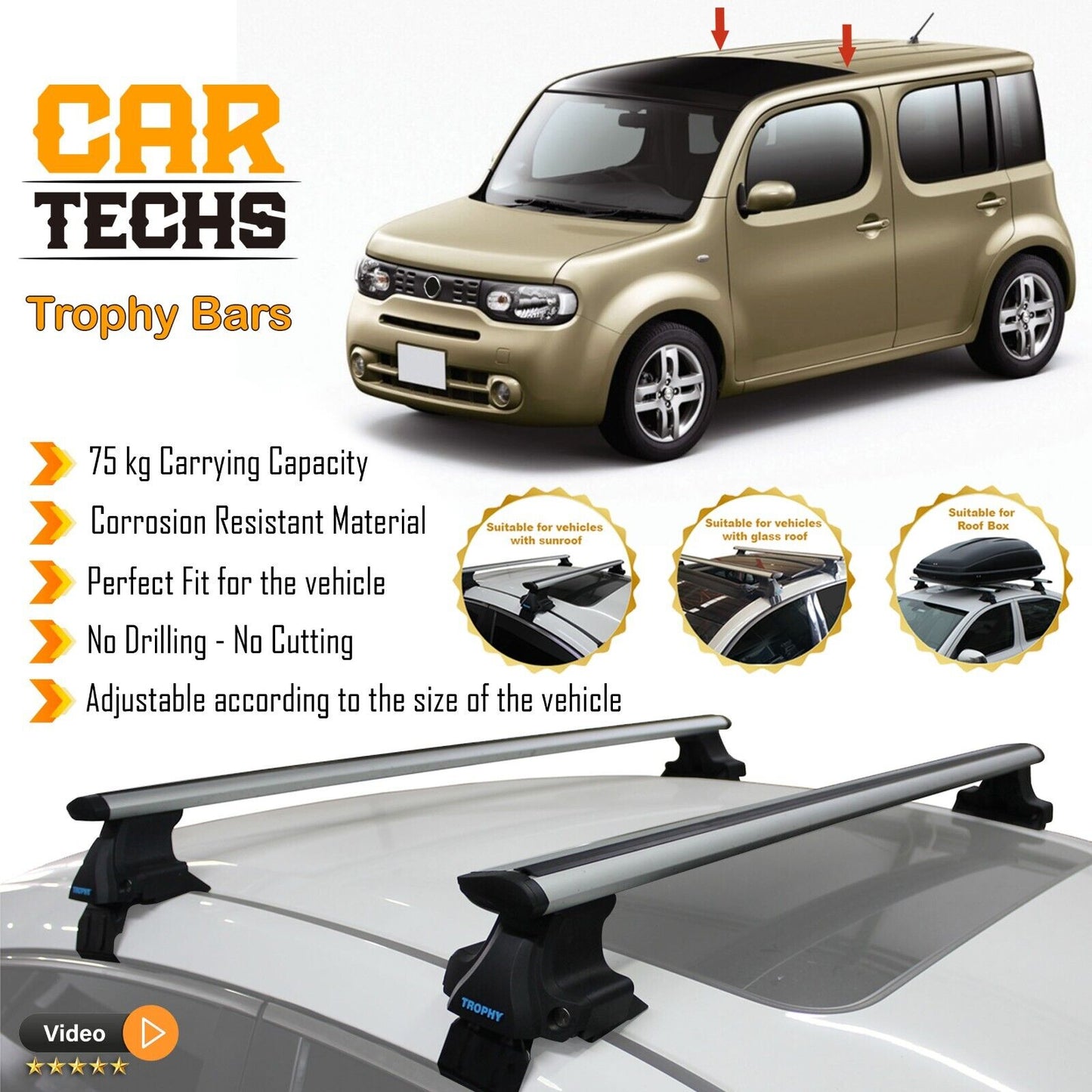 Fits Nissan CUBE 2009-2014 Smooth Top Roof Rack Cross Bar Carrier Rail