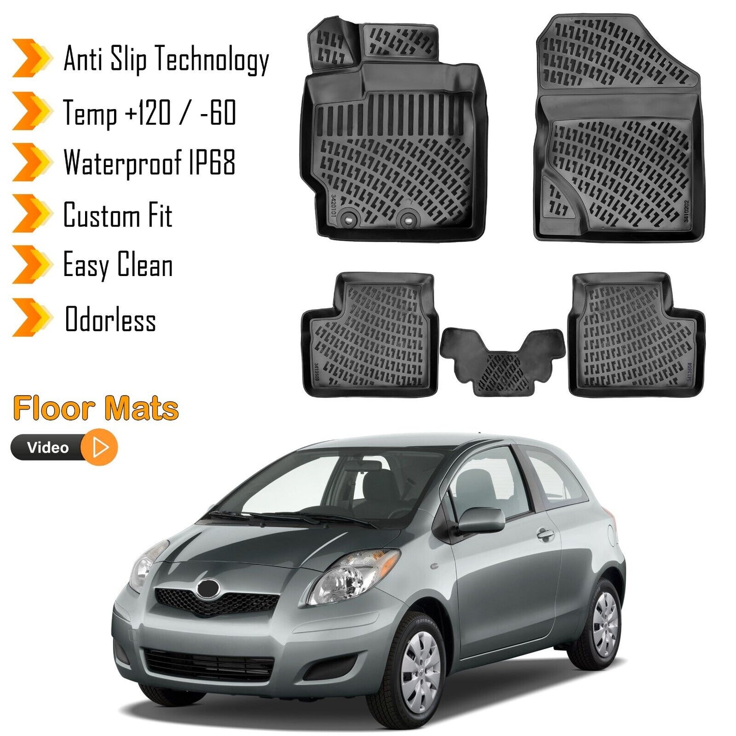 Floor Mats Liner Fits Toyota Yaris XP90 2005-2012 3D Molded All Weather Black
