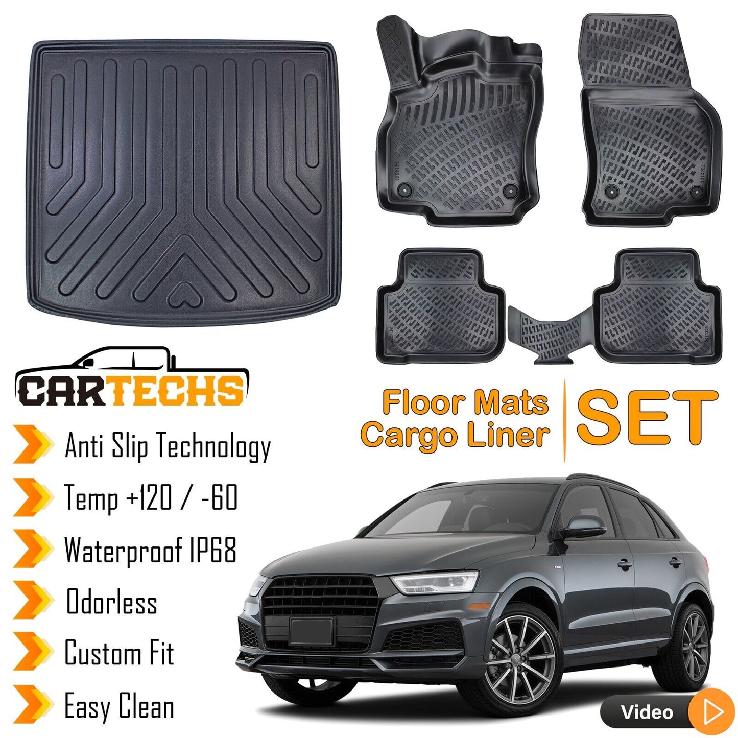 Floor Mats + Cargo Trunk Liner Fits Audi Q3 2019-2024 Waterproof Black 5 Pcs SET