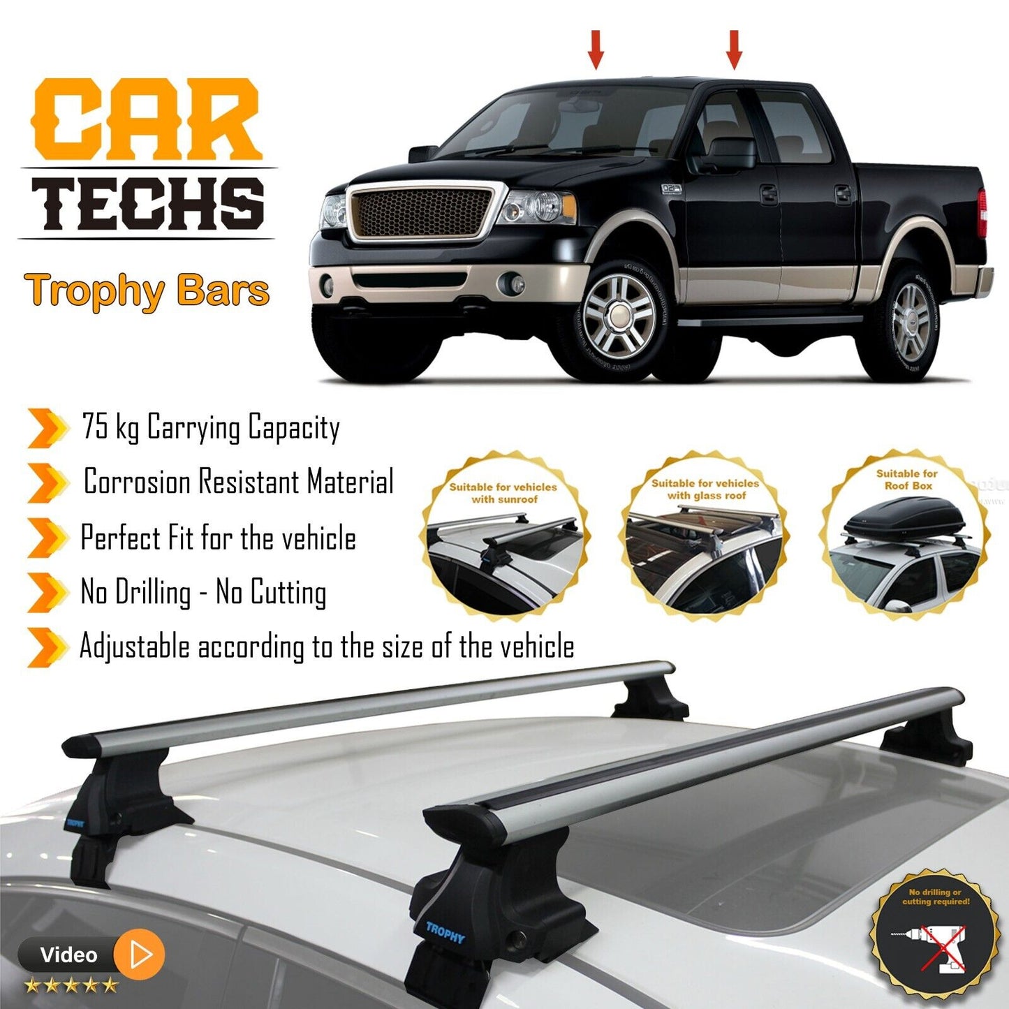 Fits Ford F-150 SuperCrew 2015-2024 Smooth Top Roof Rack Cross Bar Carrier Rail