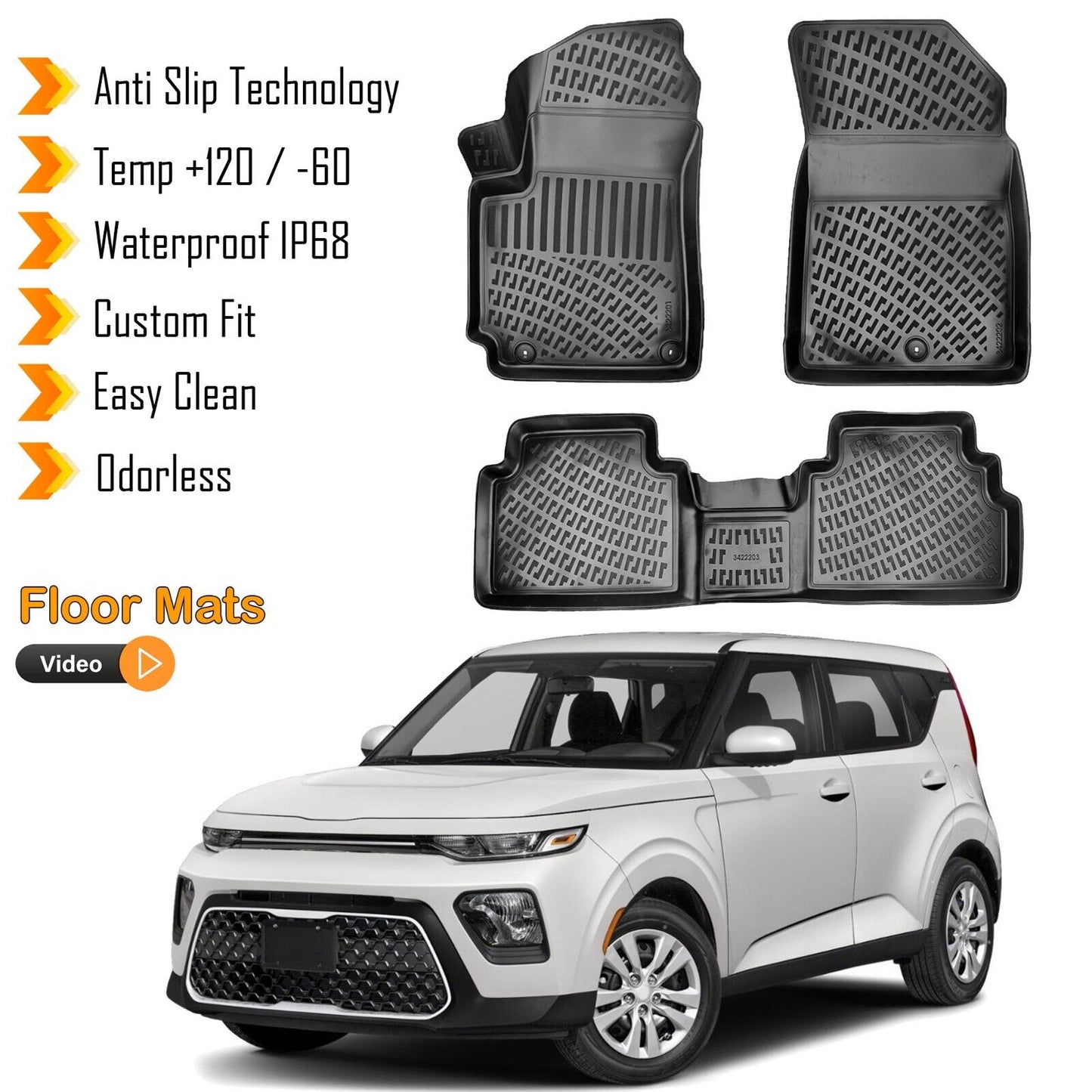 Floor Mats Liner Fits Kia Soul 2020-2024 3D Molded All Weather Waterproof Black