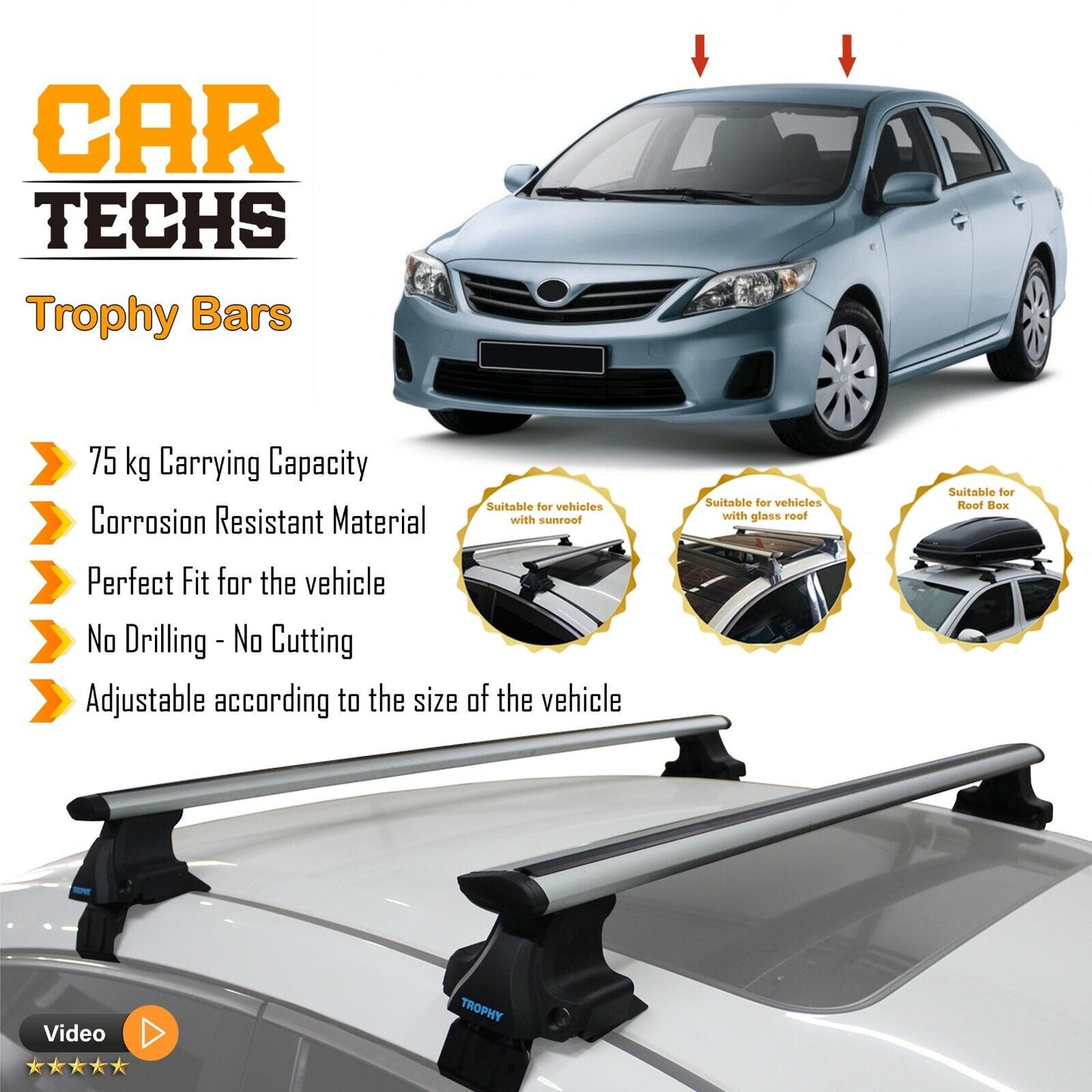 Fits Toyota Coralla 2005-2024 Smooth Top Roof Rack Cross Bar Carrier Rail