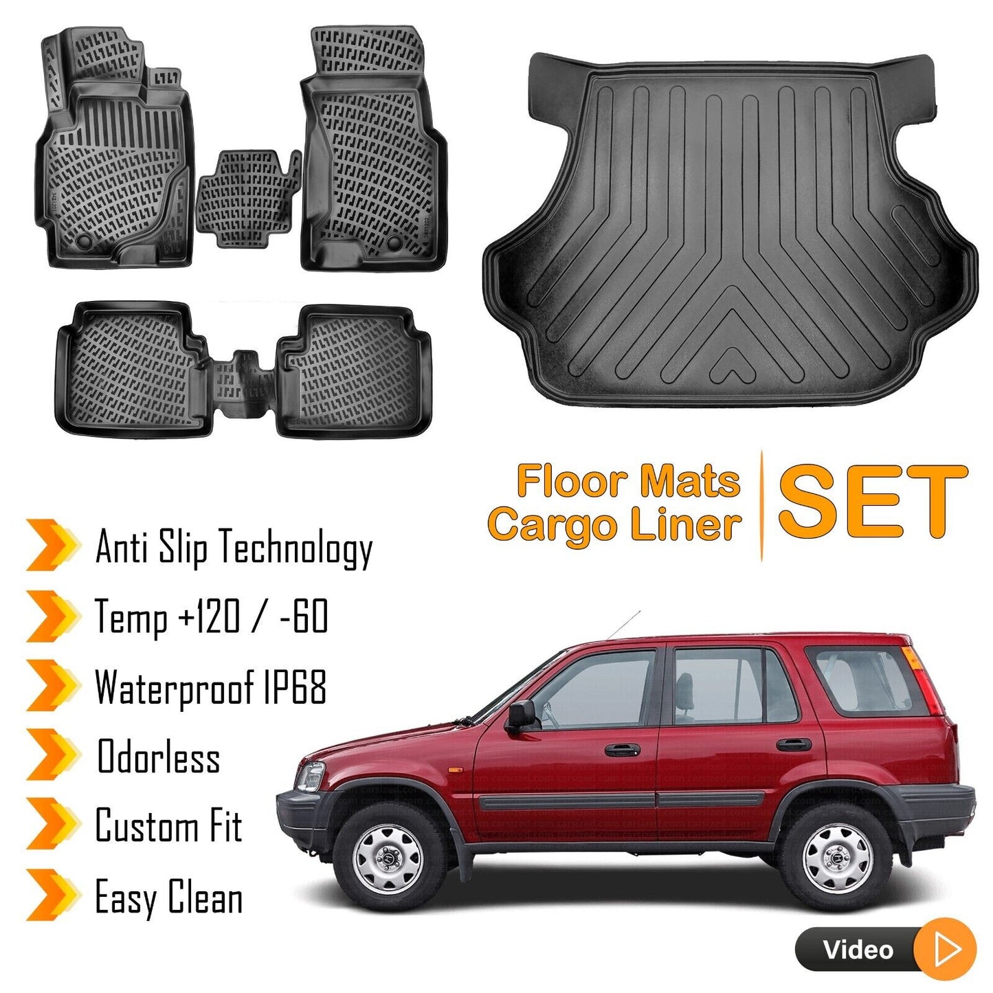 Floor Mats + Cargo Trunk Liner Fits Honda CR-V 1995-2001 3D Molded Black SET