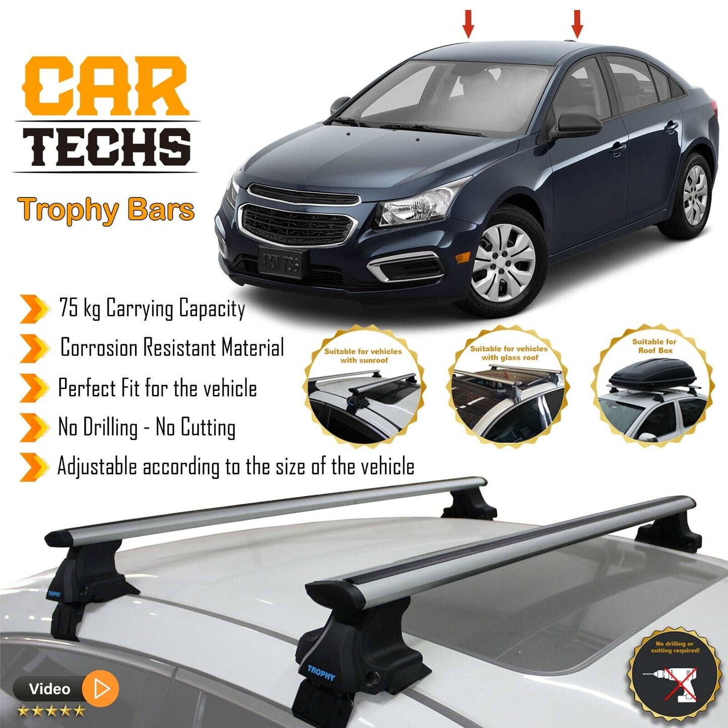 Fits Chevrolet Cruze 2010-2019 Smooth Top Roof Rack Cross Bar Carrier Rail