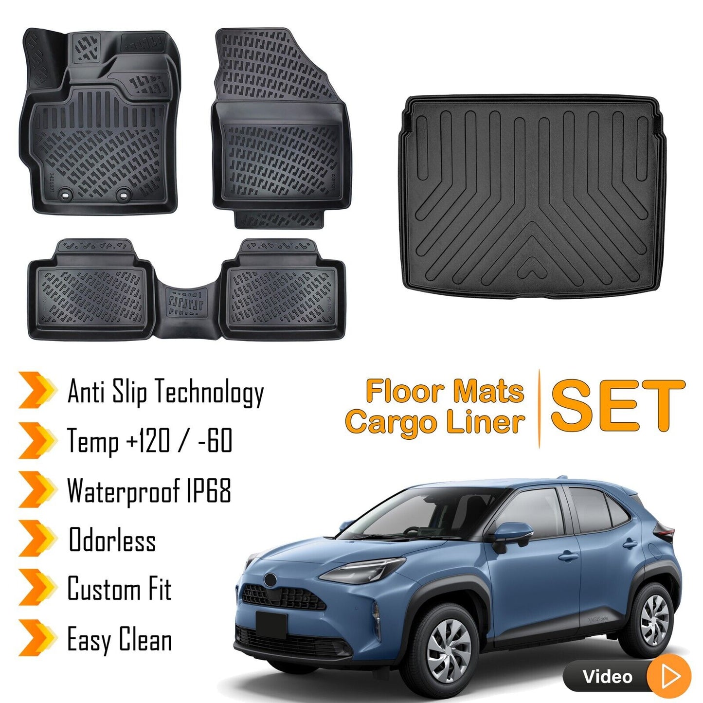 Floor Mats +UPPER Cargo Trunk Liner For Toyota Yaris Cross 2022-2023 Black SET