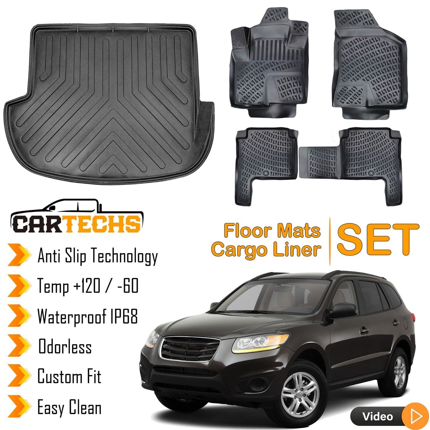 Floor Mats + Cargo Trunk Liner Fits Hyundai Santa Fe 2007-2012 5 Seat Black SET