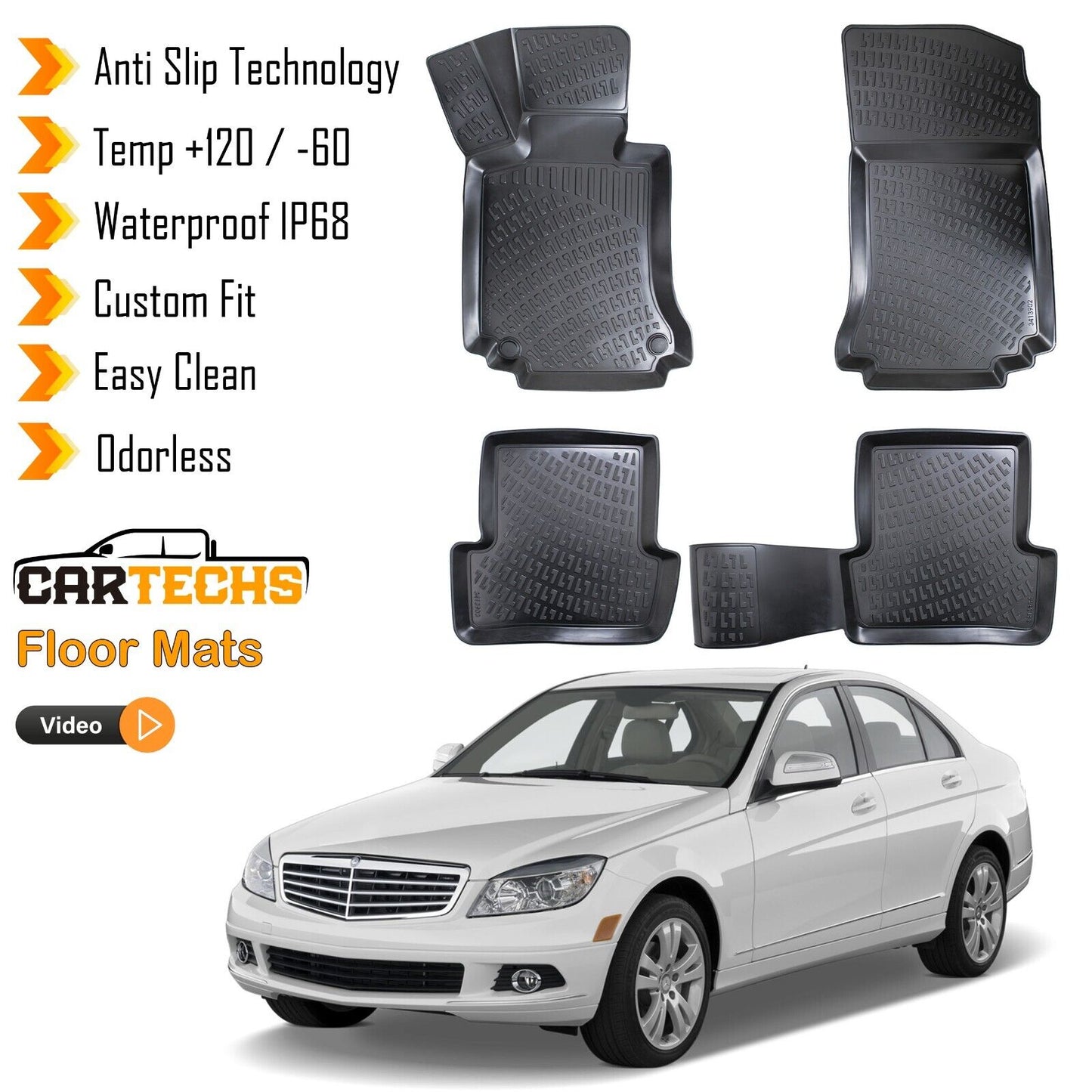 Floor Mats Liner Fits Mercedes C-Class W204 2008-2014 3D Molded Waterproof 4Pcs