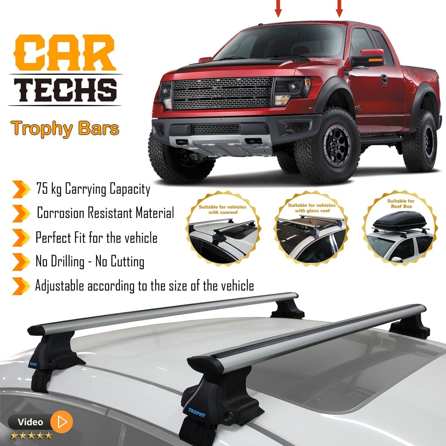 Fits Ford F-150 2003-2024 4 Door Smooth Top Roof Rack Cross Bar Carrier Rail