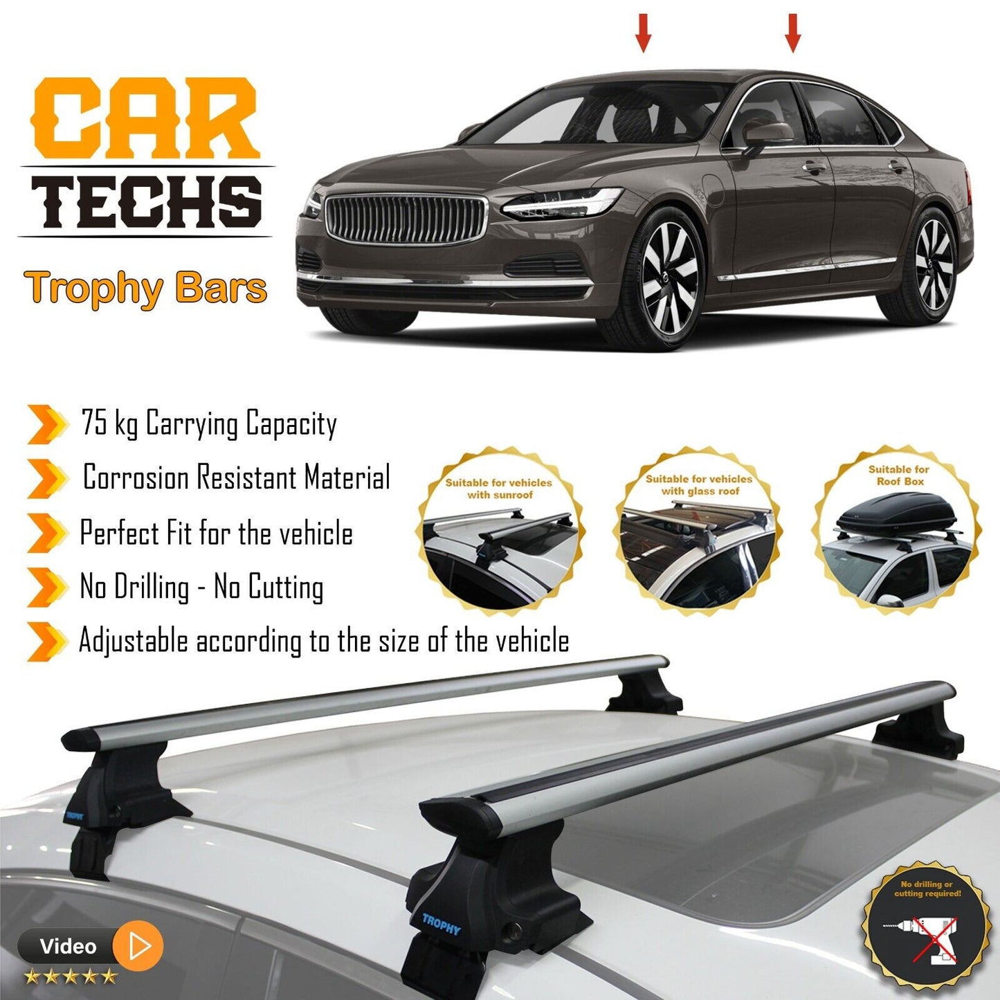 Fits Volvo S90 2017-2023 Smooth Top Roof Rack Cross Bar Carrier Rail Trophybars