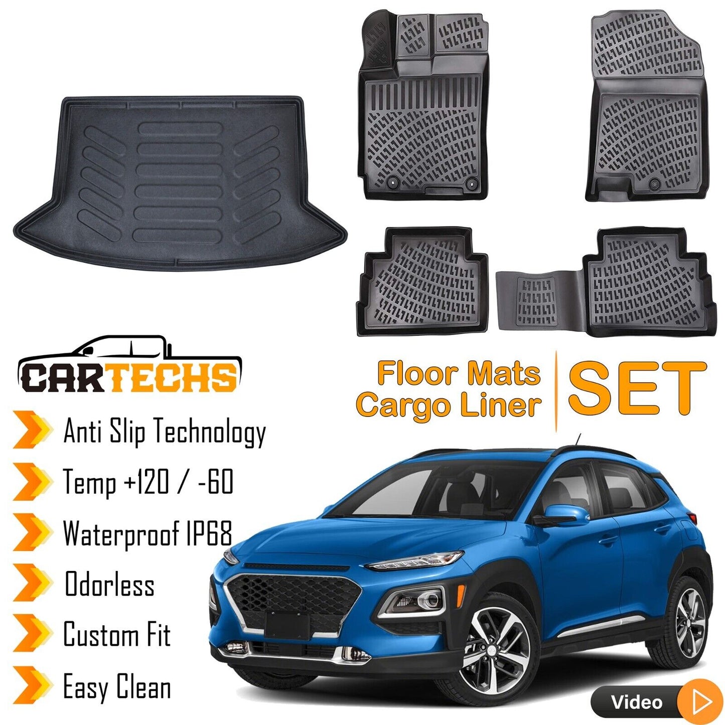 Floor Mats + Cargo Trunk Liner Fits Hyundai Kona 2018-2023 Waterproof 3D SET