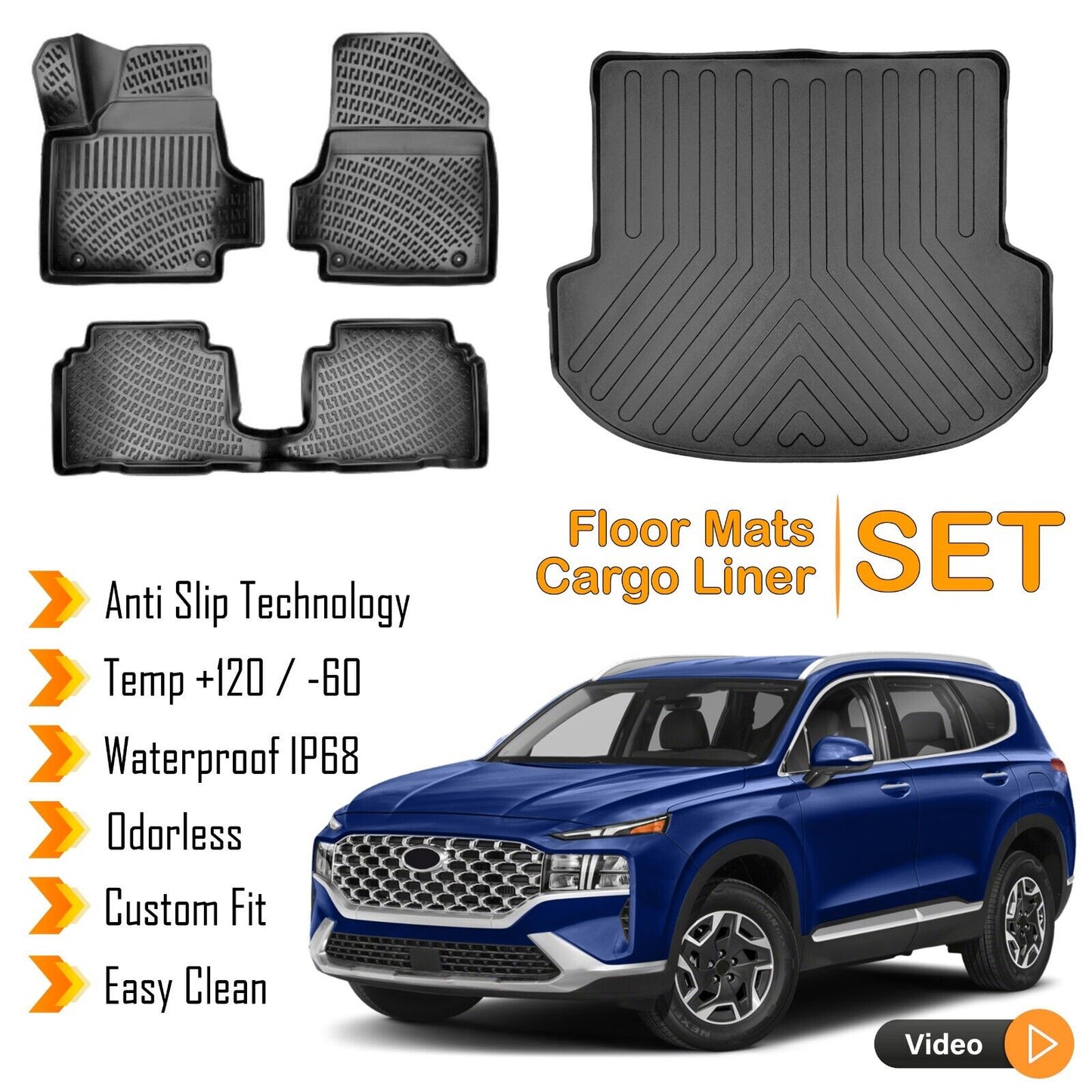 Floor Mats + Cargo Trunk Liner Fits Hyundai Santa Fe Gasoline 2020-2024 SET