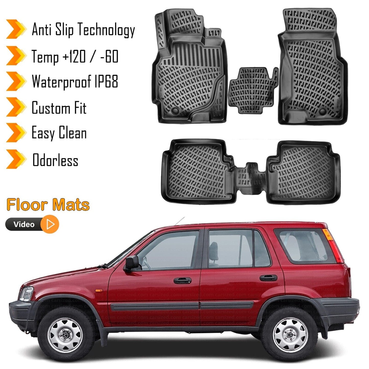 Floor Mats Liner Fits Honda CR-V 1995-2001 Waterproof 3D Molded Black 4 Pcs