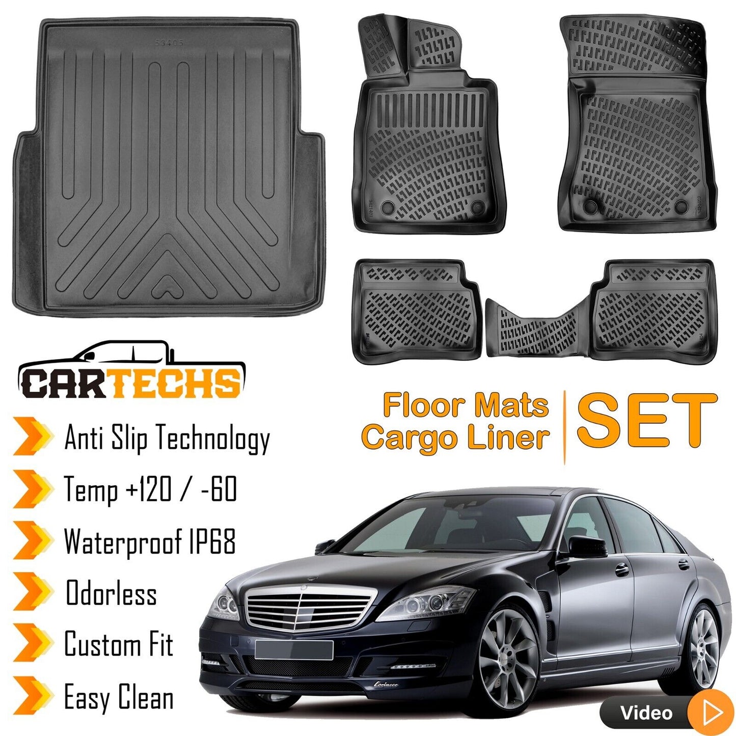 Floor Mats + Cargo Trunk Liner For Mercedes S Series W221 2007-2013 3D Black SET