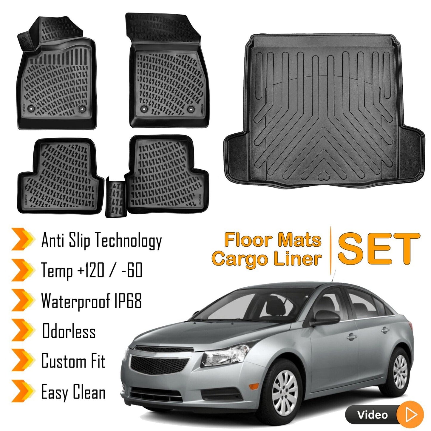Floor Mats + Cargo Trunk Liner Fits Chevrolet Cruze J300 2008-2016 Sedan SET
