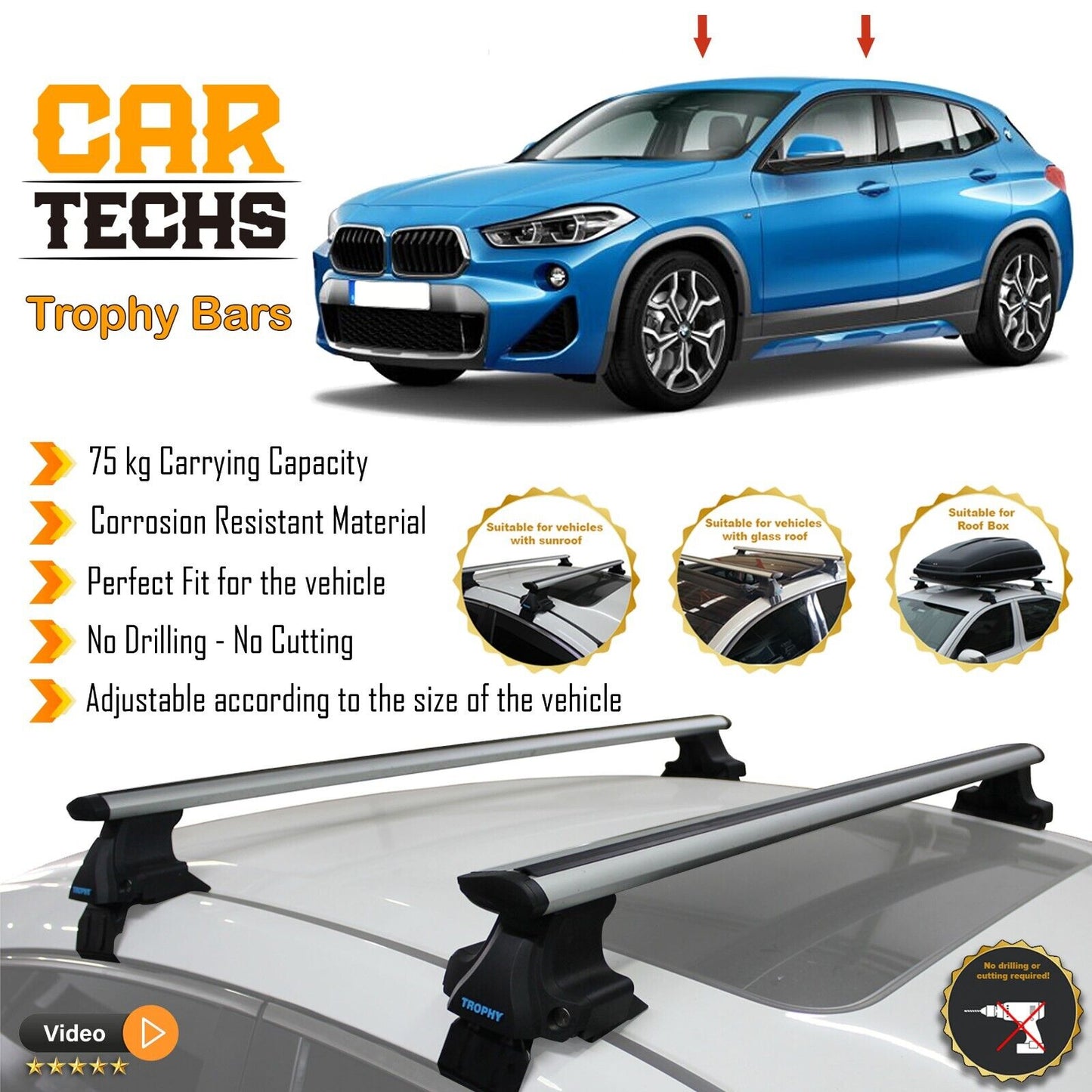 Fits BMW X2 2018-2023 Smooth Top Roof Rack Cross Bar Carrier Rail Trophybars
