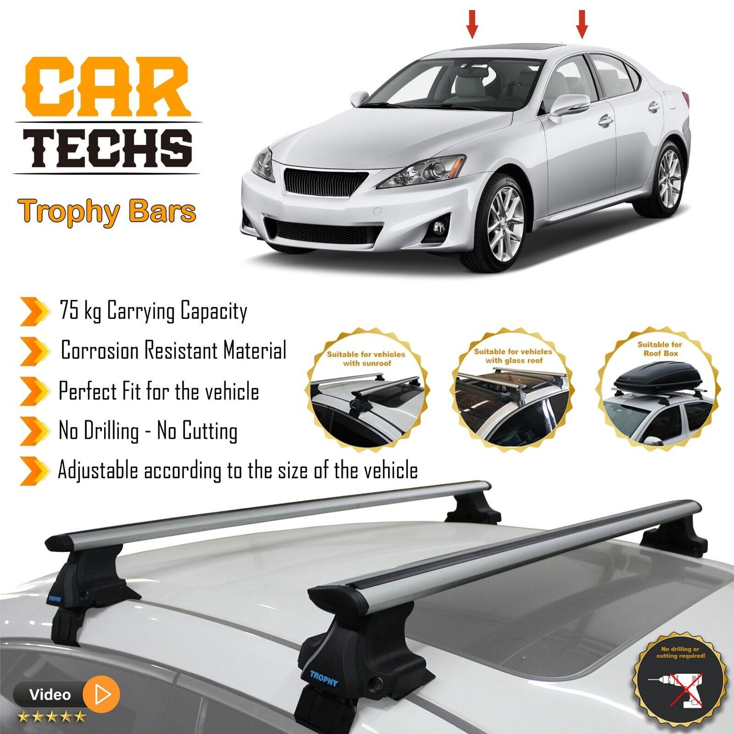 Fits Lexus IS 2001-2024 Smooth Top Roof Rack Cross Bar Carrier Rail Trophybars