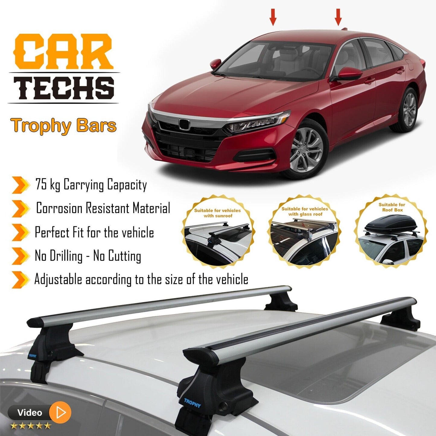 Fits Honda Accord 2010-2024 Smooth Top Roof Rack Cross Bar Carrier Rail