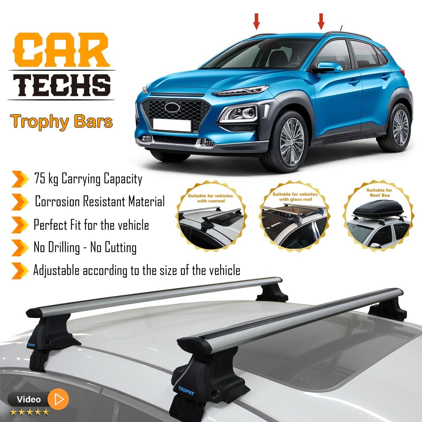 Fits Kona SE 2018-2024 Smooth Top Roof Rack Cross Bar Carrier Rail Trophybars
