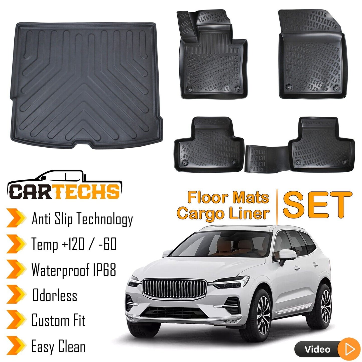 Floor Mats + Cargo Trunk Liner For Volvo XC60 2018-2023 3D Molded Waterproof SET