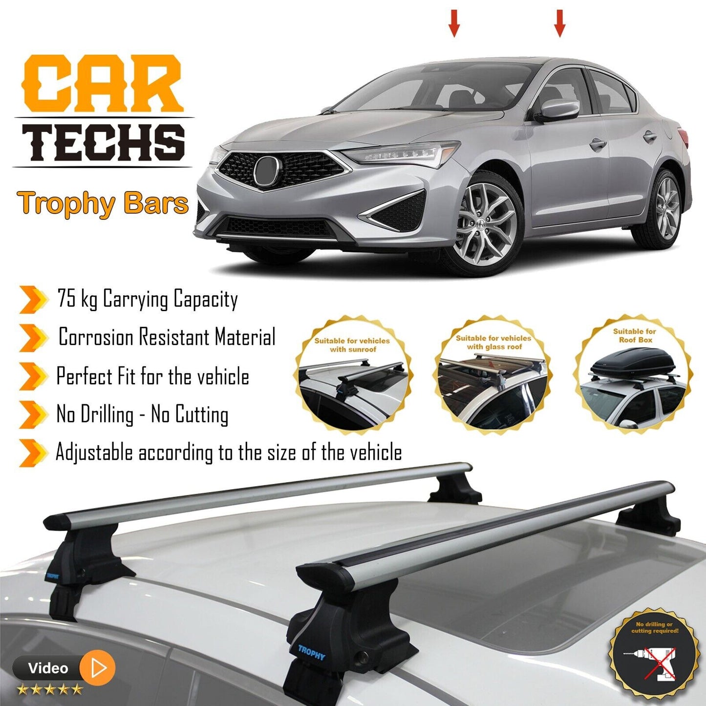Fits Acura ILX 2013-2023 Smooth Top Roof Rack Cross Bar Carrier Rail Trophybars