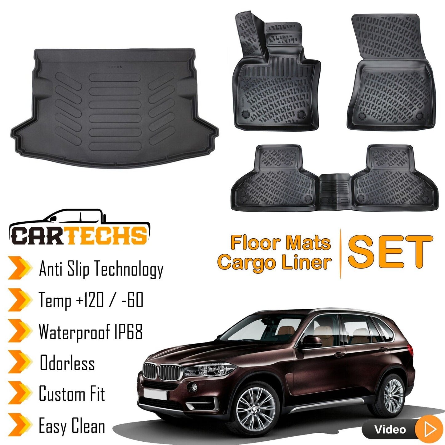 Floor Mats + Cargo Trunk Liner Fits BMW X5 F15 2014-2018 3D Molded Black SET