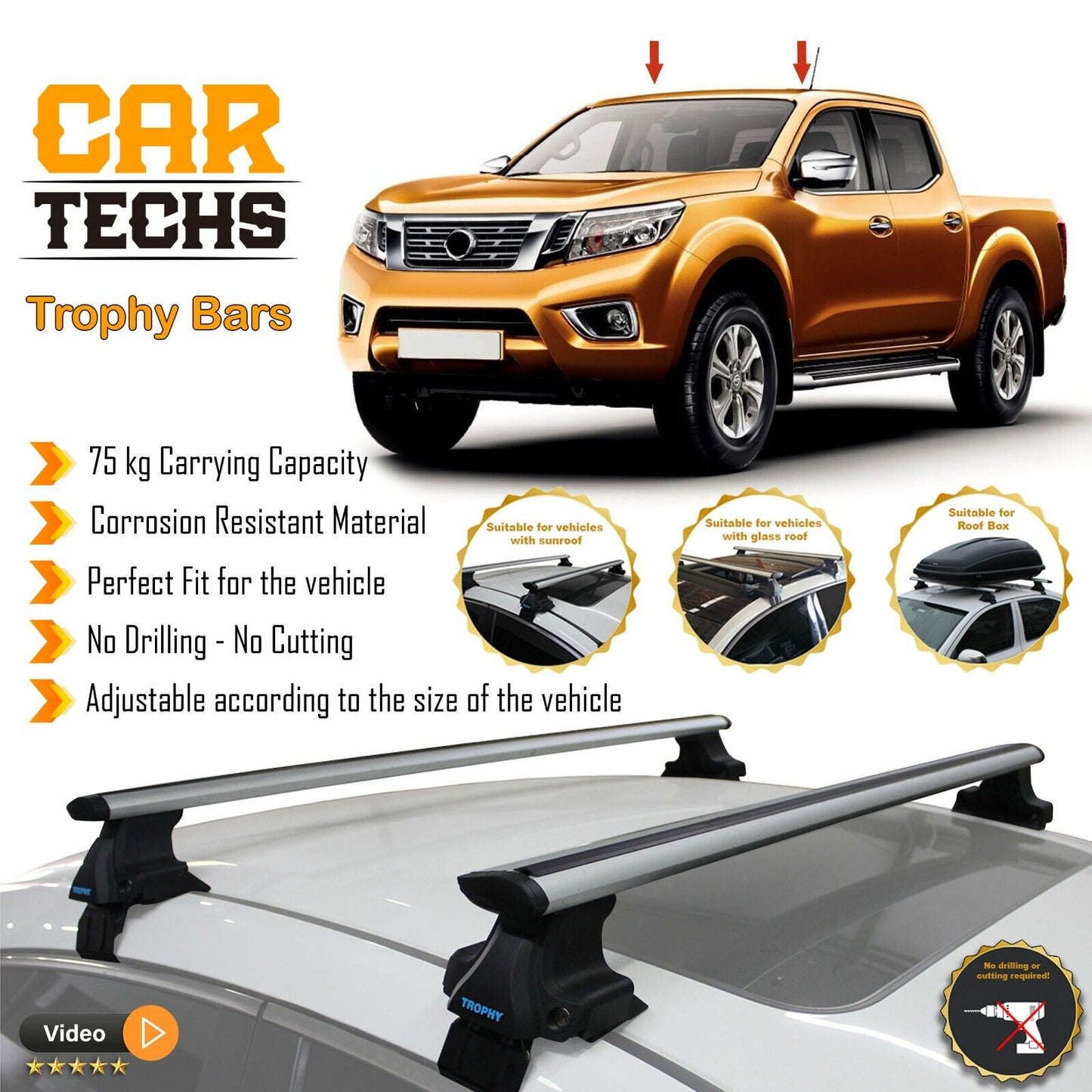Fits Nissan Navara 2000-2024 Smooth Top Roof Rack Cross Bar Carrier Rail