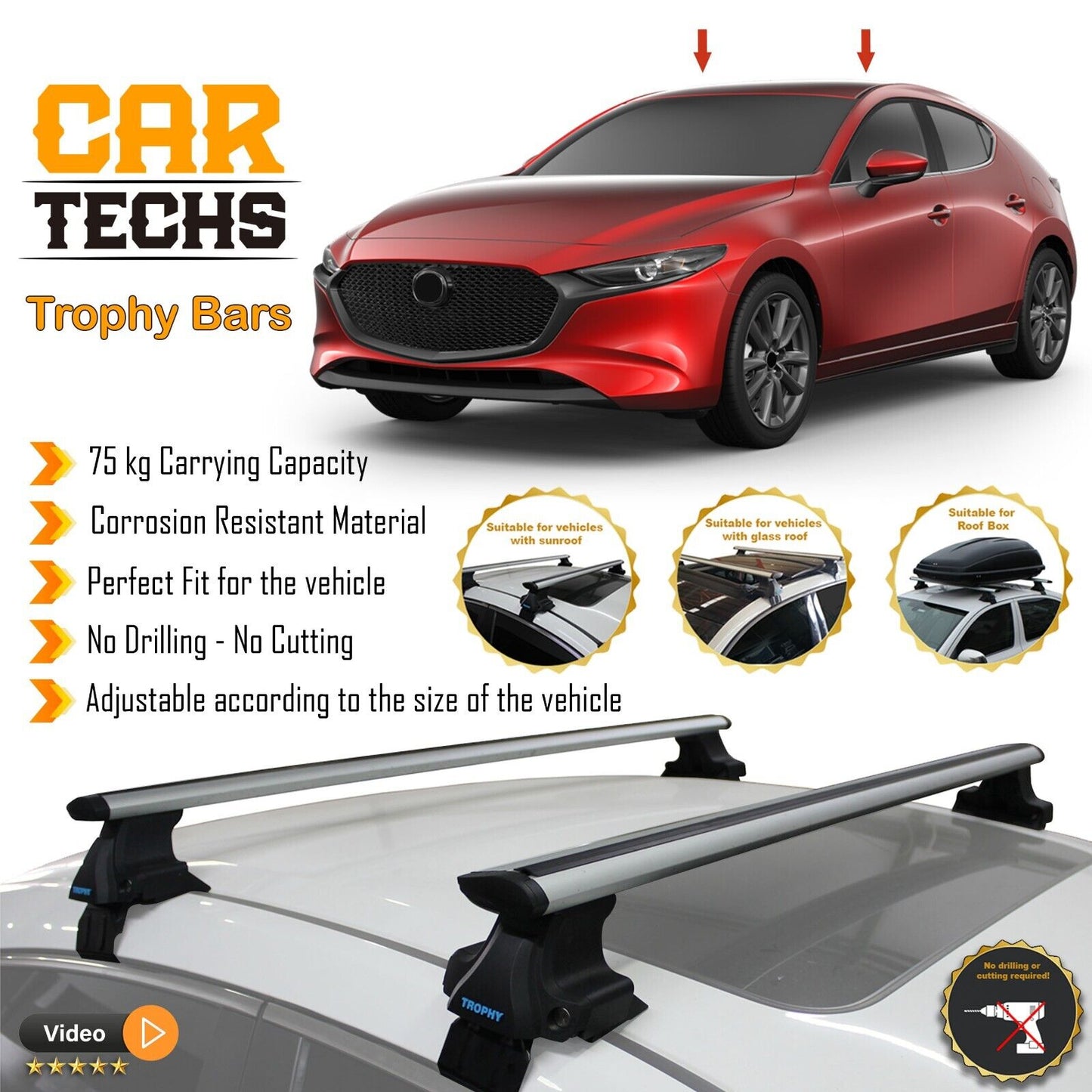 Fits Mazda 3 2004-2024 Smooth Top Roof Rack Cross Bar Carrier Rail Trophybars