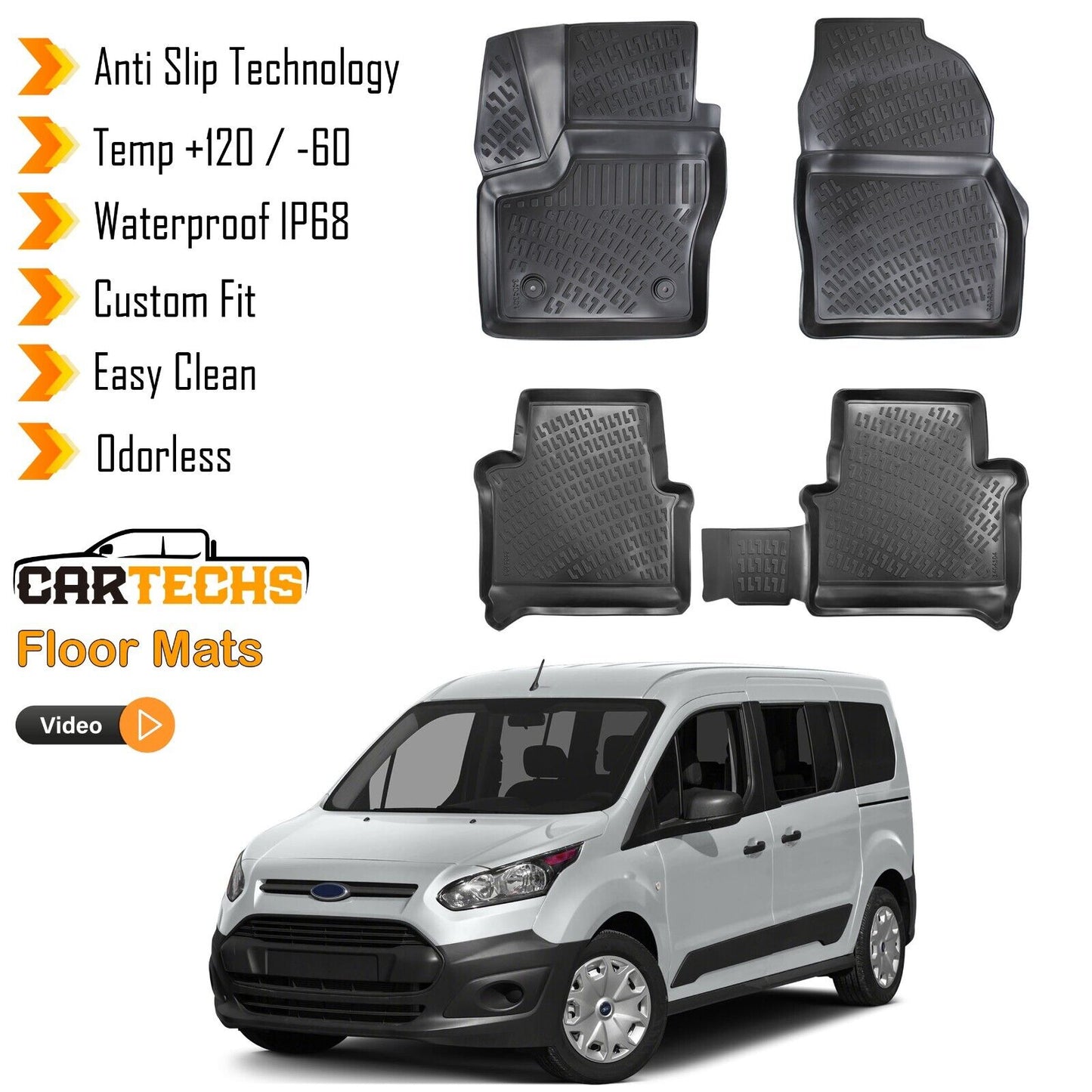 Floor Mats Liner Fits Ford Connect 2014-2023 Waterproof 3D Molded All Weather