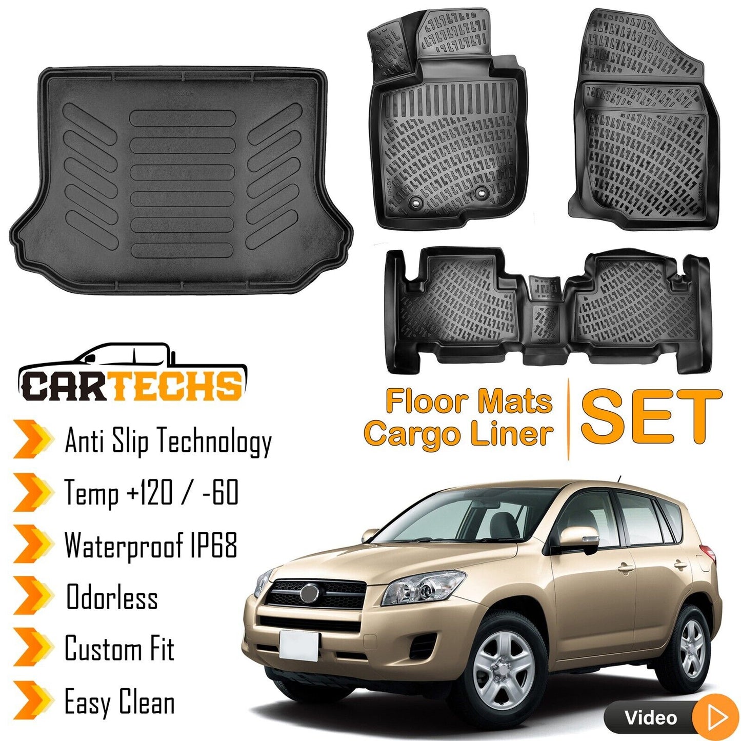 Floor Mats + Cargo Trunk Liner Fits Toyota RAV4 2006-2012 3D Molded Black SET