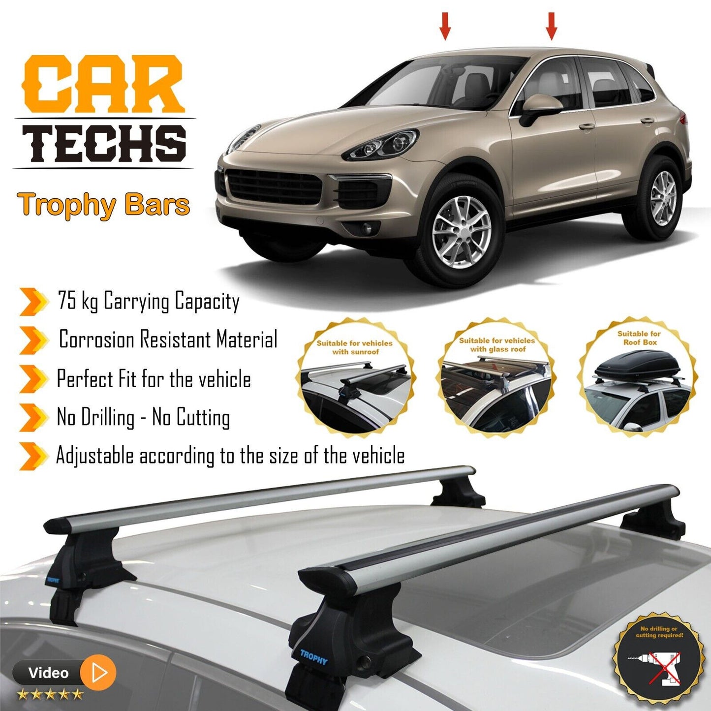 Fits Porsche Cayenne 2005-2024 Smooth Top Roof Rack Cross Bar Carrier Rail