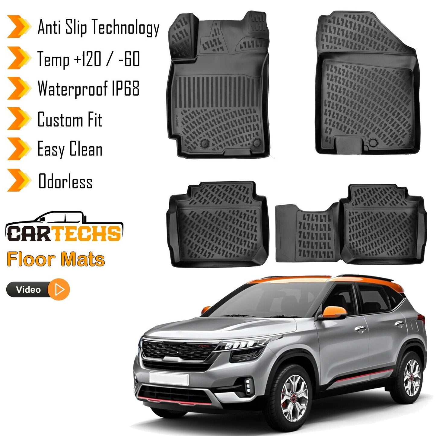 Floor Mats Liner Fits Kia Seltos 2021-2024 Waterproof 3D Molded Black 4 Pcs