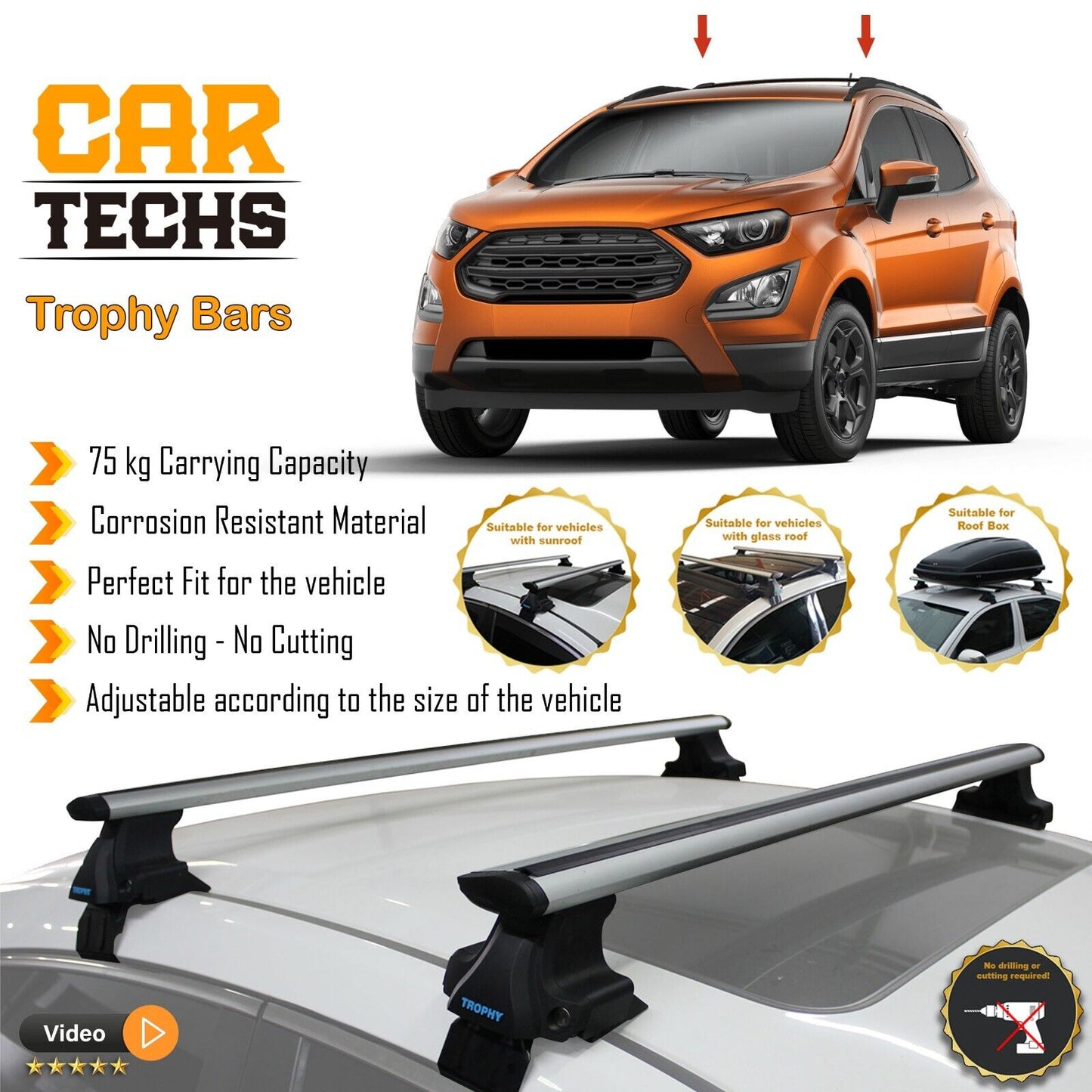 Fits Ford EcoSport 2008-2024 Smooth Top Roof Rack Cross Bar Carrier Rail