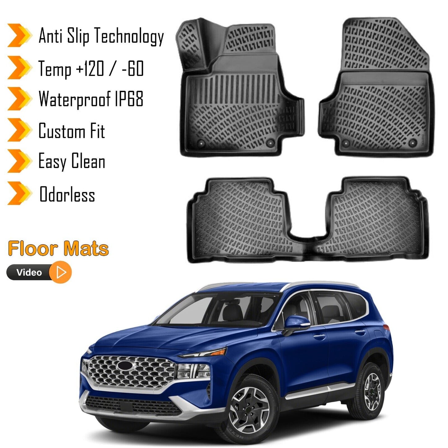 Floor Mats Liner For Hyundai Santa Fe 2020-2023 Petrol Version Waterproof Black