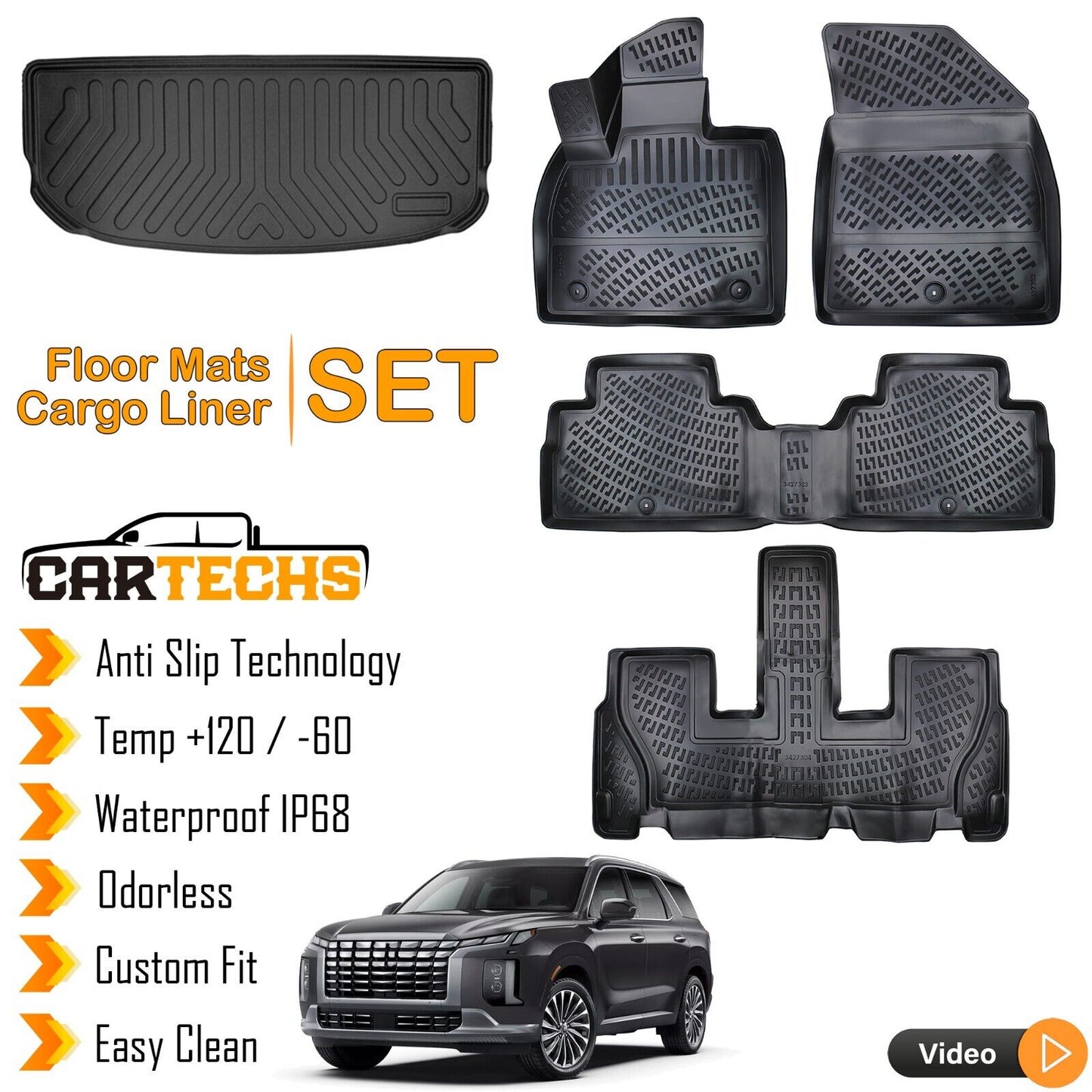 Floor Mats + Cargo Trunk Liner Fits Hyundai Palisade 7 Seat 2020-2024 Black SET
