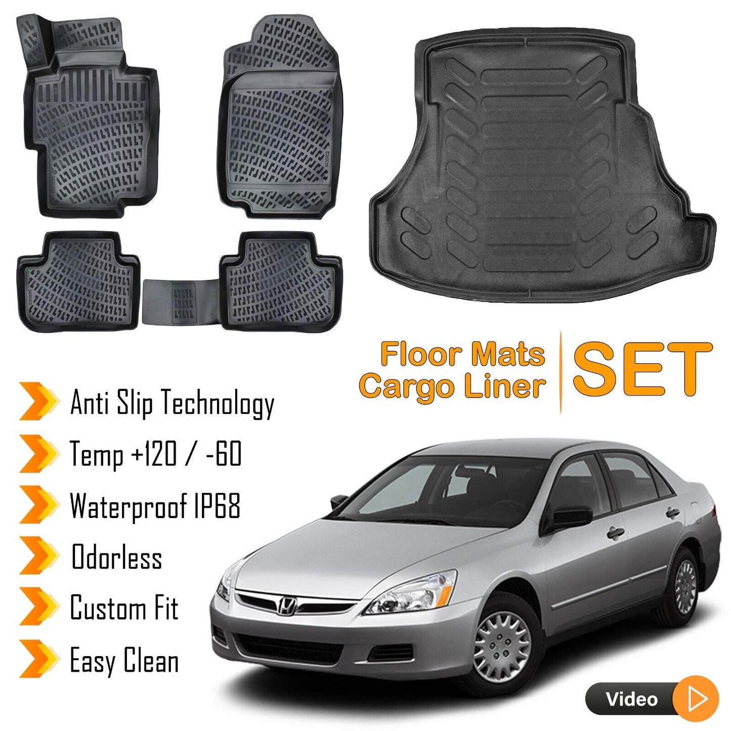 Floor Mats + Cargo Trunk Liner Fits Honda Accord 2002-2008 3D Waterproof SET
