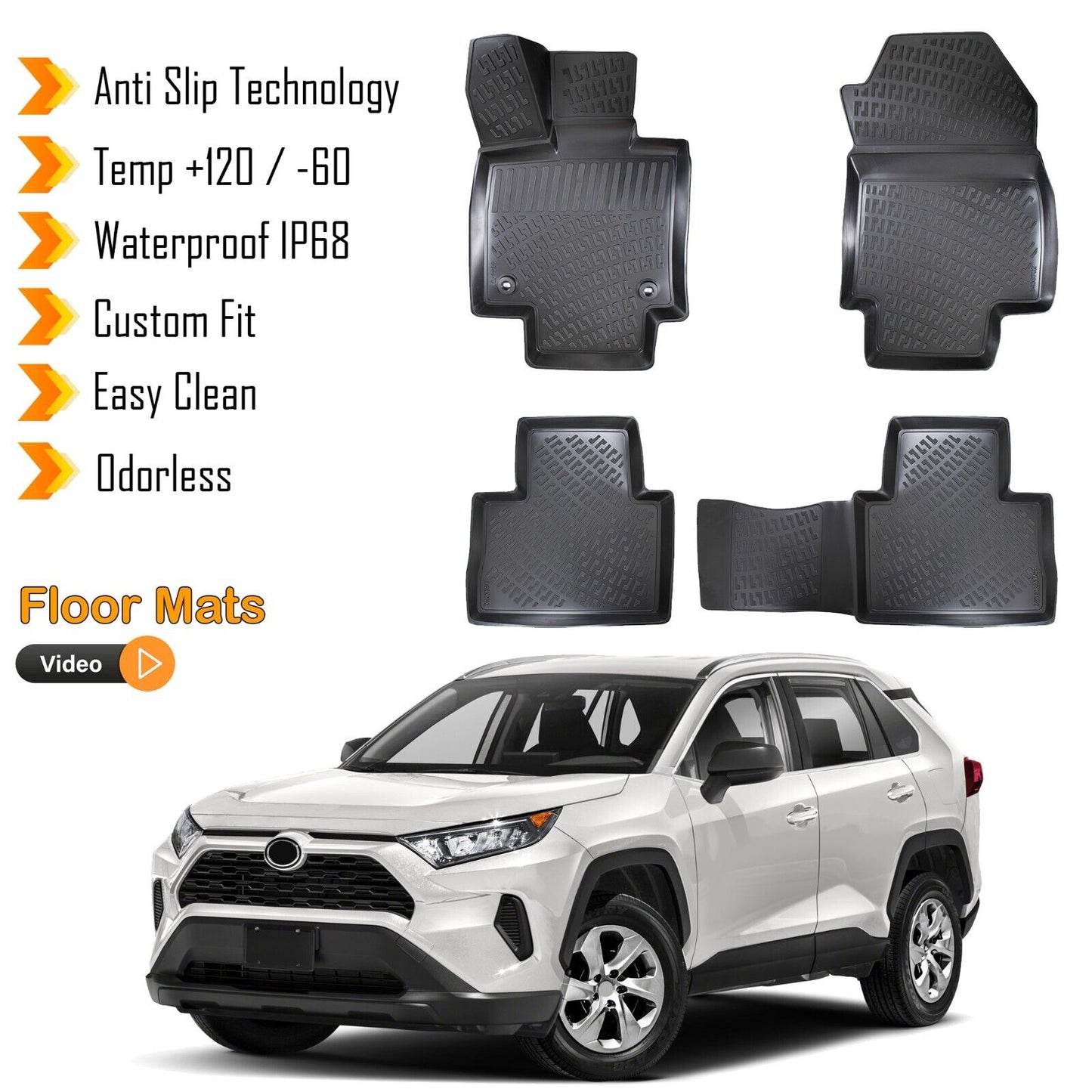 Floor Mats For Toyota Rav4 2019-2024 Waterproof All Weather Liners Black 4 Pcs