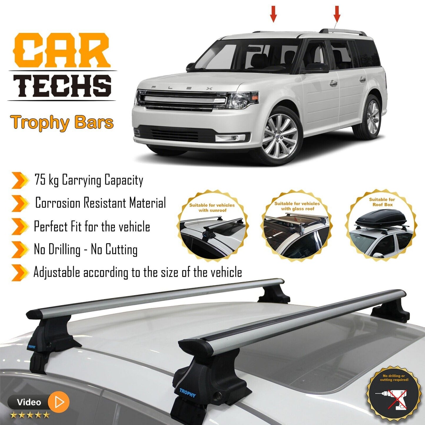 Fits Ford Flex 2009-2019 Smooth Top Roof Rack Cross Bar Carrier Rail Trophybars