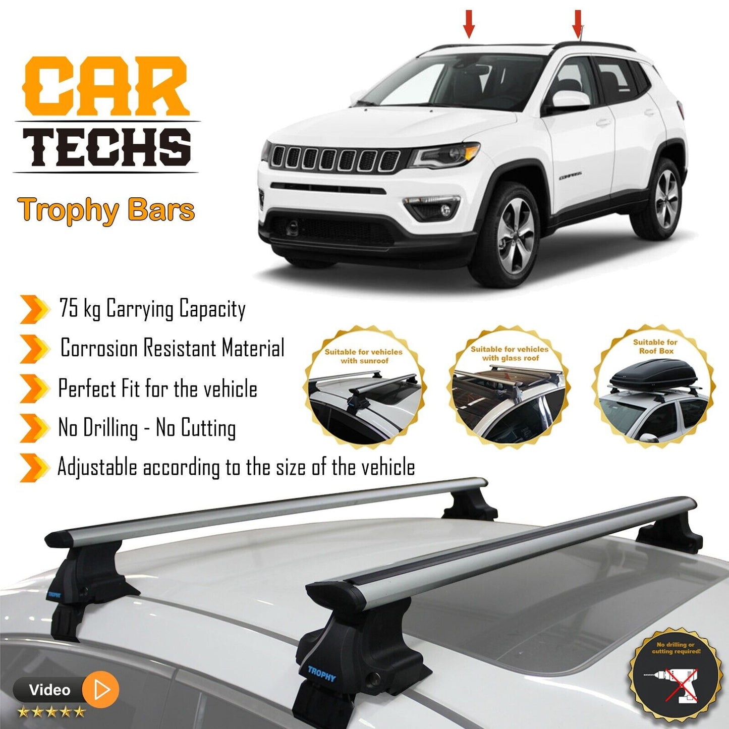 Fits Jeep Compass 2007-2024 Smooth Top Roof Rack Cross Bar Carrier Rail