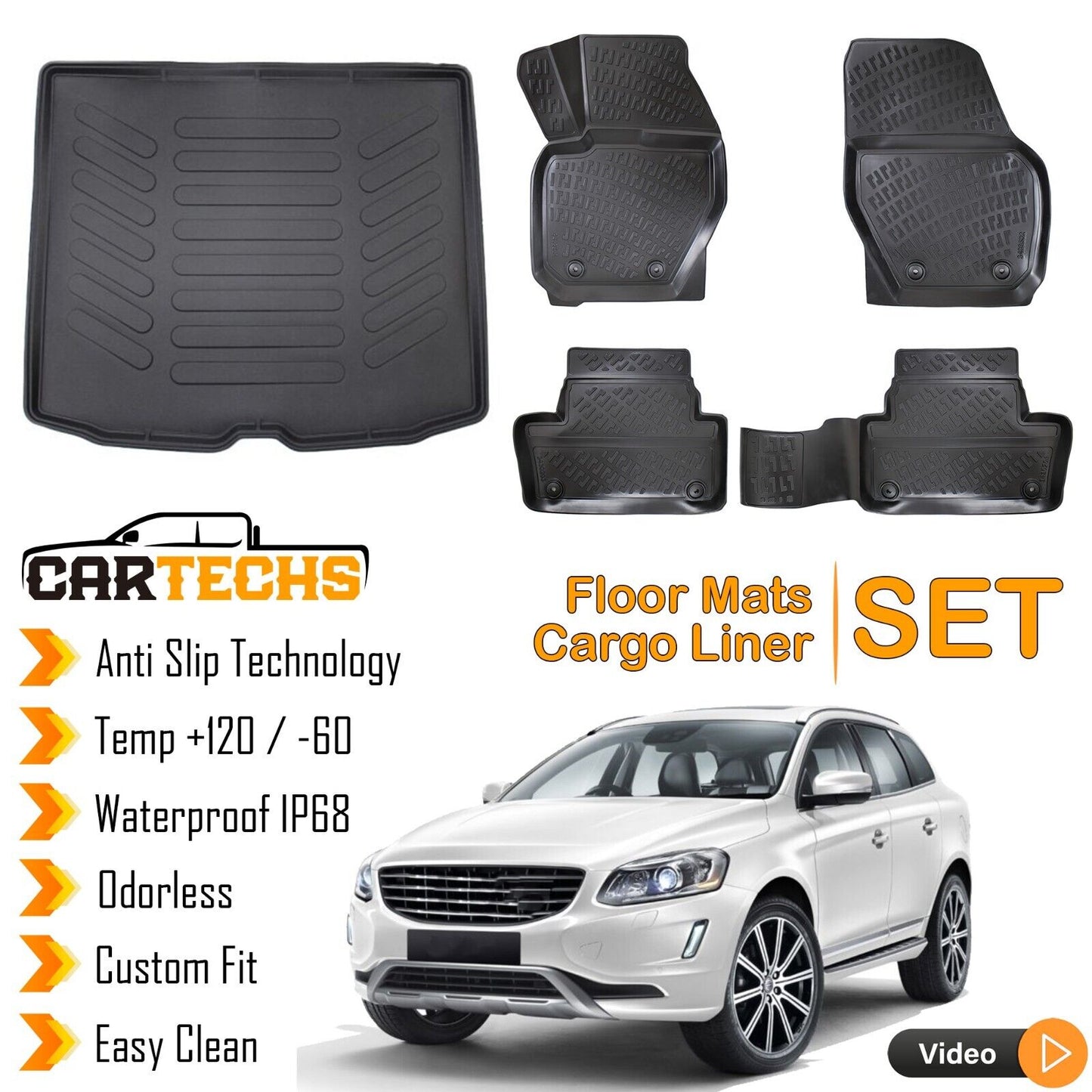 Floor Mats + Cargo Trunk Liner For Volvo XC60 2009-2017 3D Molded Waterproof SET