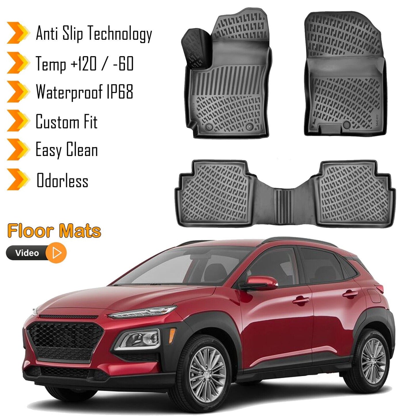 Floor Mats Liner Fits Hyundai Kona 2023-2024 Gasoline 3D Molded Waterproof Black