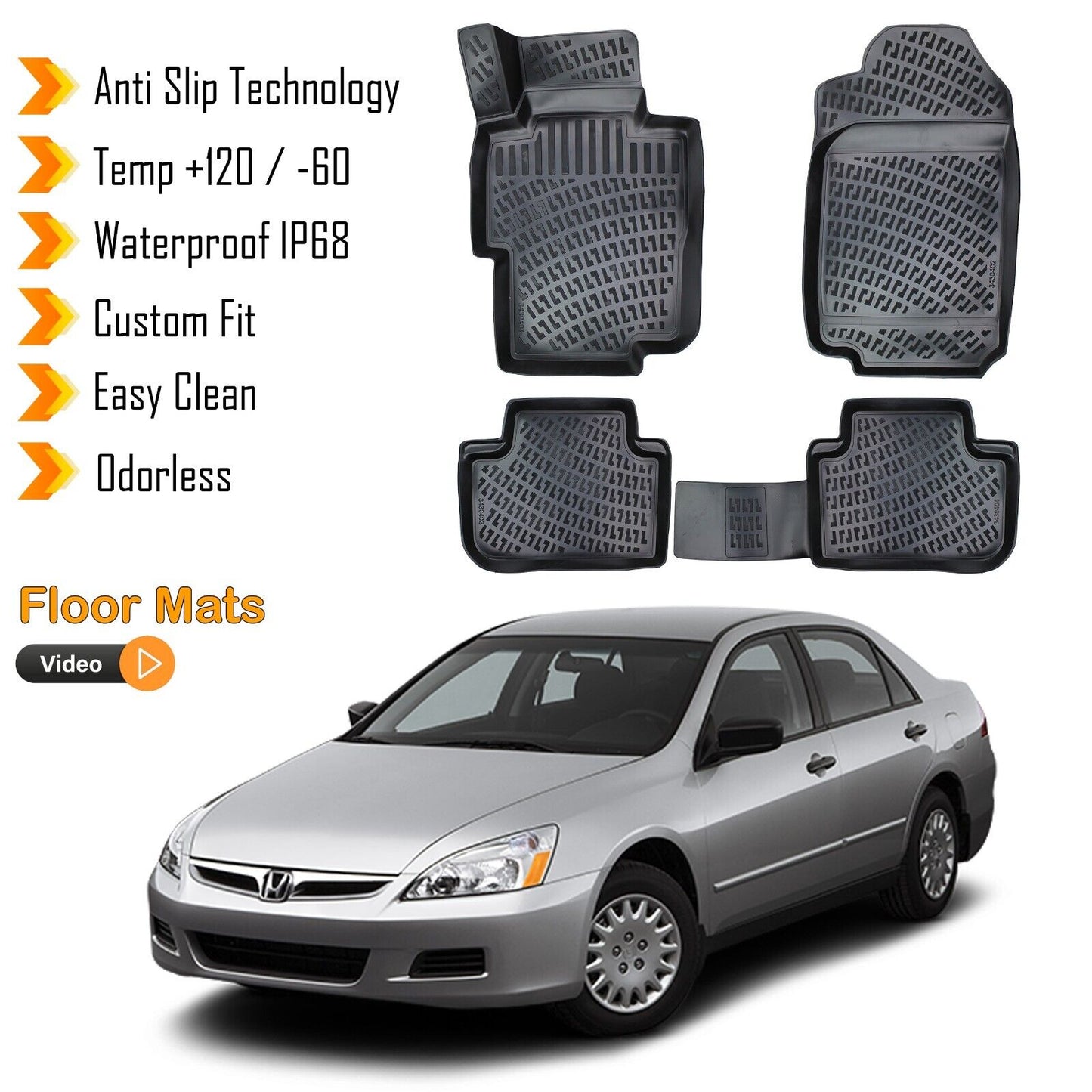 Floor Mats Liner Fits Honda Accord 2002-2008 Waterproof 3D Molded All Weather 4x
